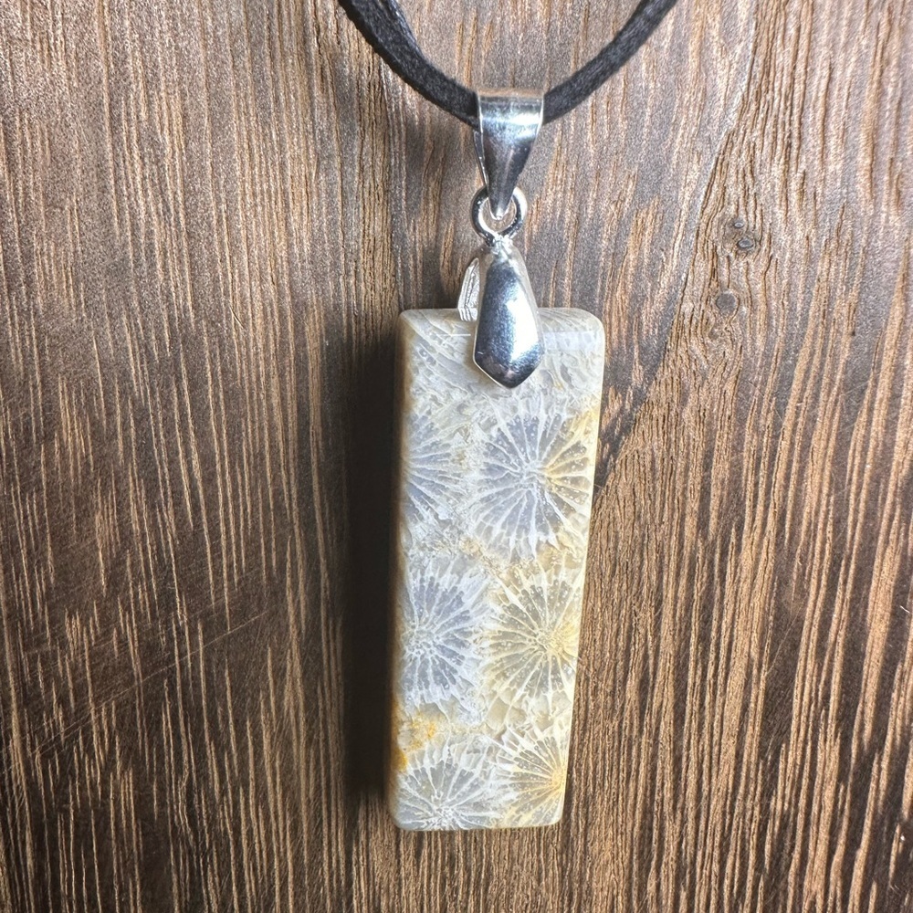 Coral Fossil Thin Rectangle Pendant Necklace on Black Rope - Picture 11 of 16
